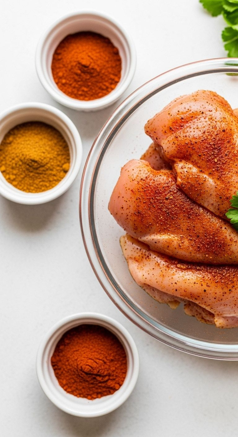 Top-Down View Of Raw Chicken Breasts Seasoned With Vibrant Spices In A Glass Bowl For Chipotle Ranch Grilled Chicken Burrito.
