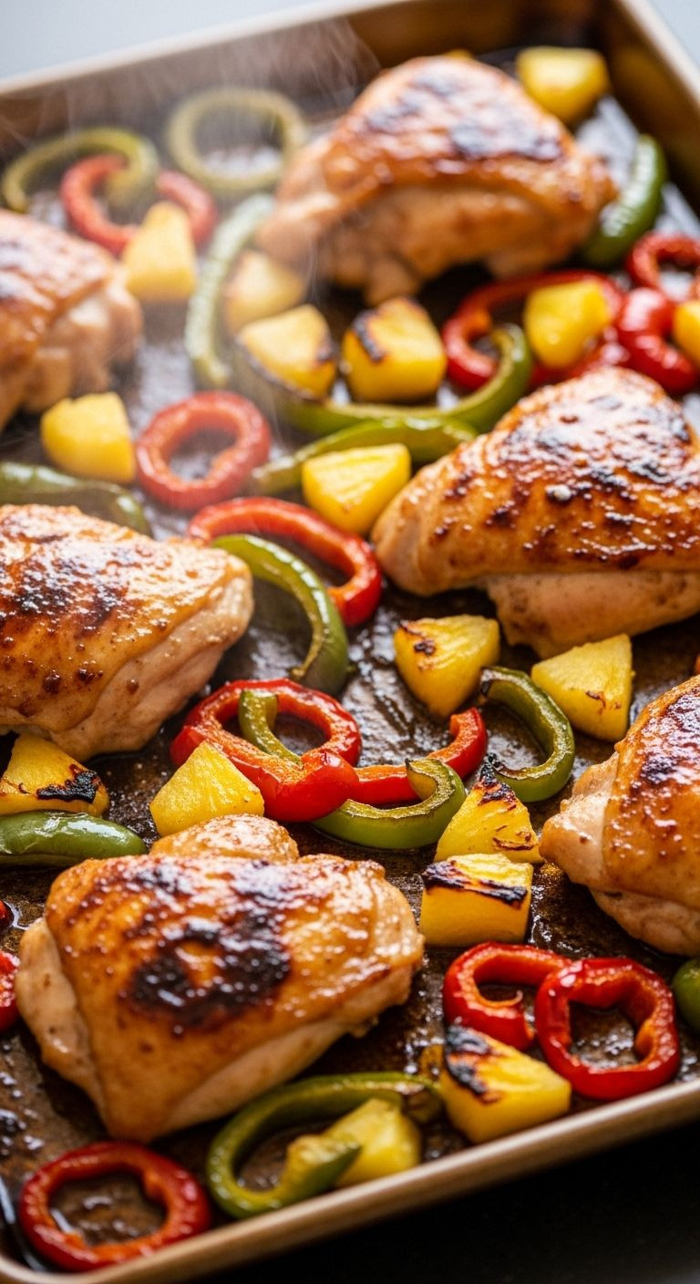 Golden Roasted Pineapple Hawaiian Chicken Sheet Pan Fresh From The Oven With Glistening Glaze And Steam Rising