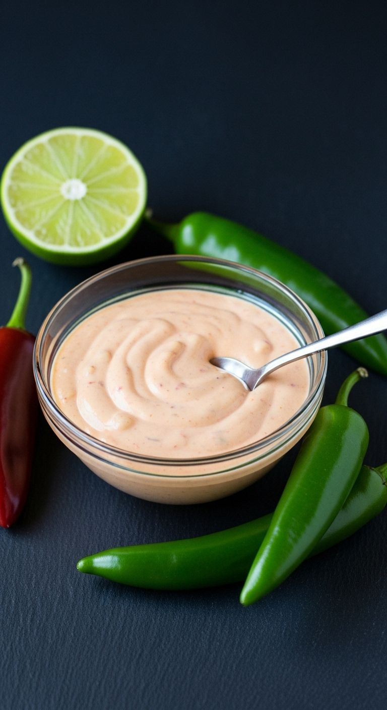 Creamy Chipotle Sauce In A Glass Bowl With Lime And Chipotle Peppers On A Dark Background.