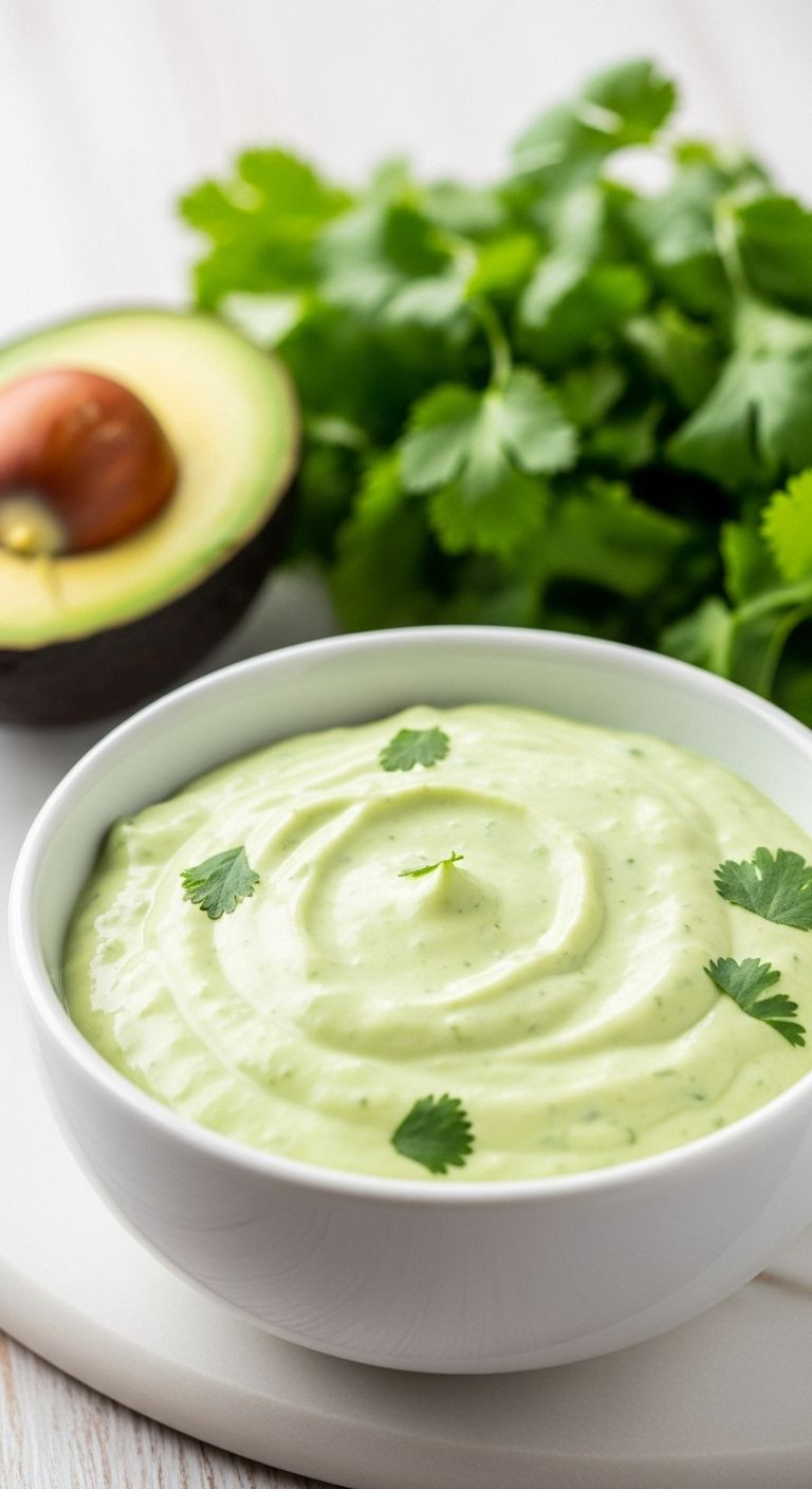 Avocado Ranch Sauce In A White Bowl With Fresh Avocado And Cilantro On A Light Surface.