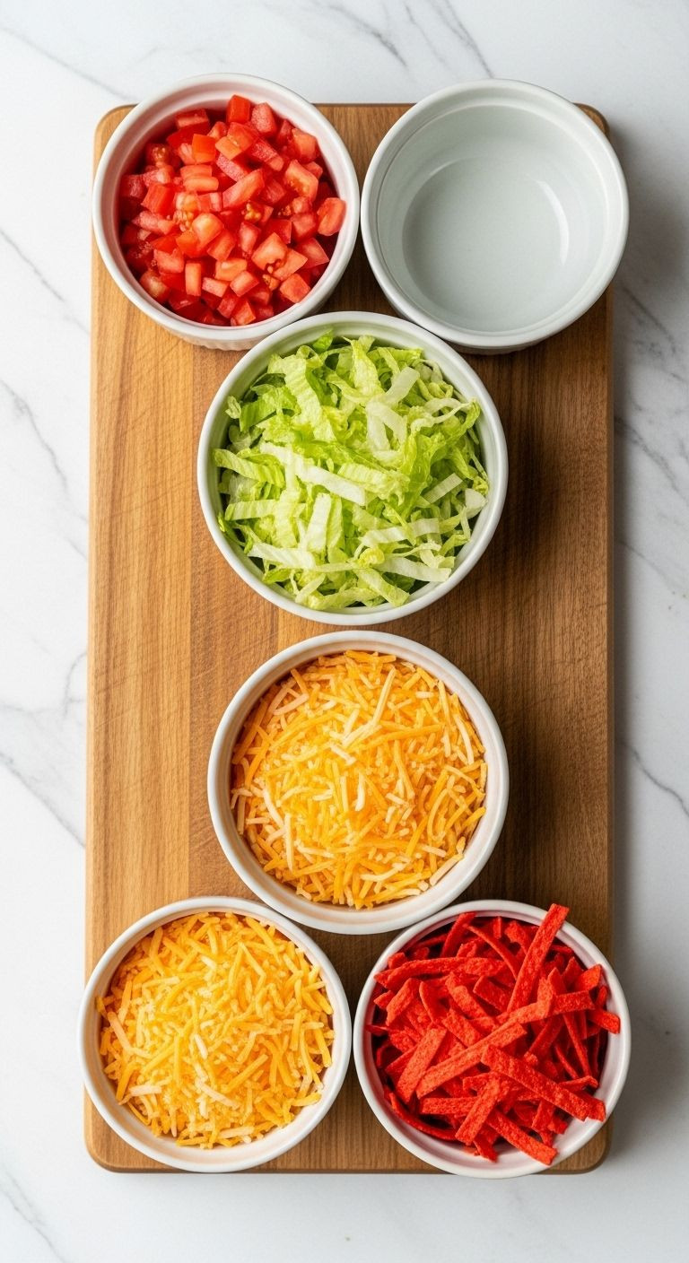 Colorful Burrito Ingredients Neatly Arranged In Small Bowls On A Wooden Cutting Board.