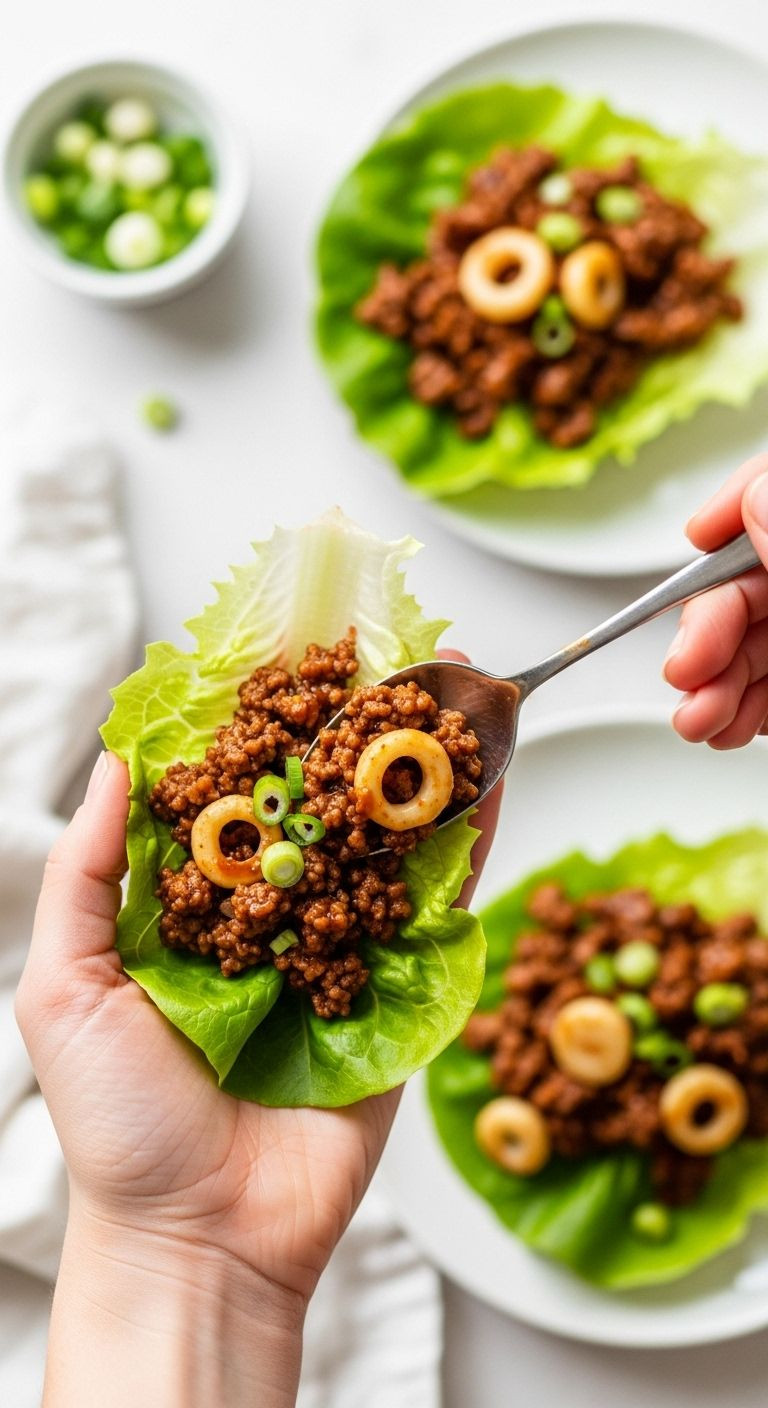 Hands Assembling Asian Beef Lettuce Wrap With Glossy Ground Beef And Fresh Green Toppings On A Clean Background.