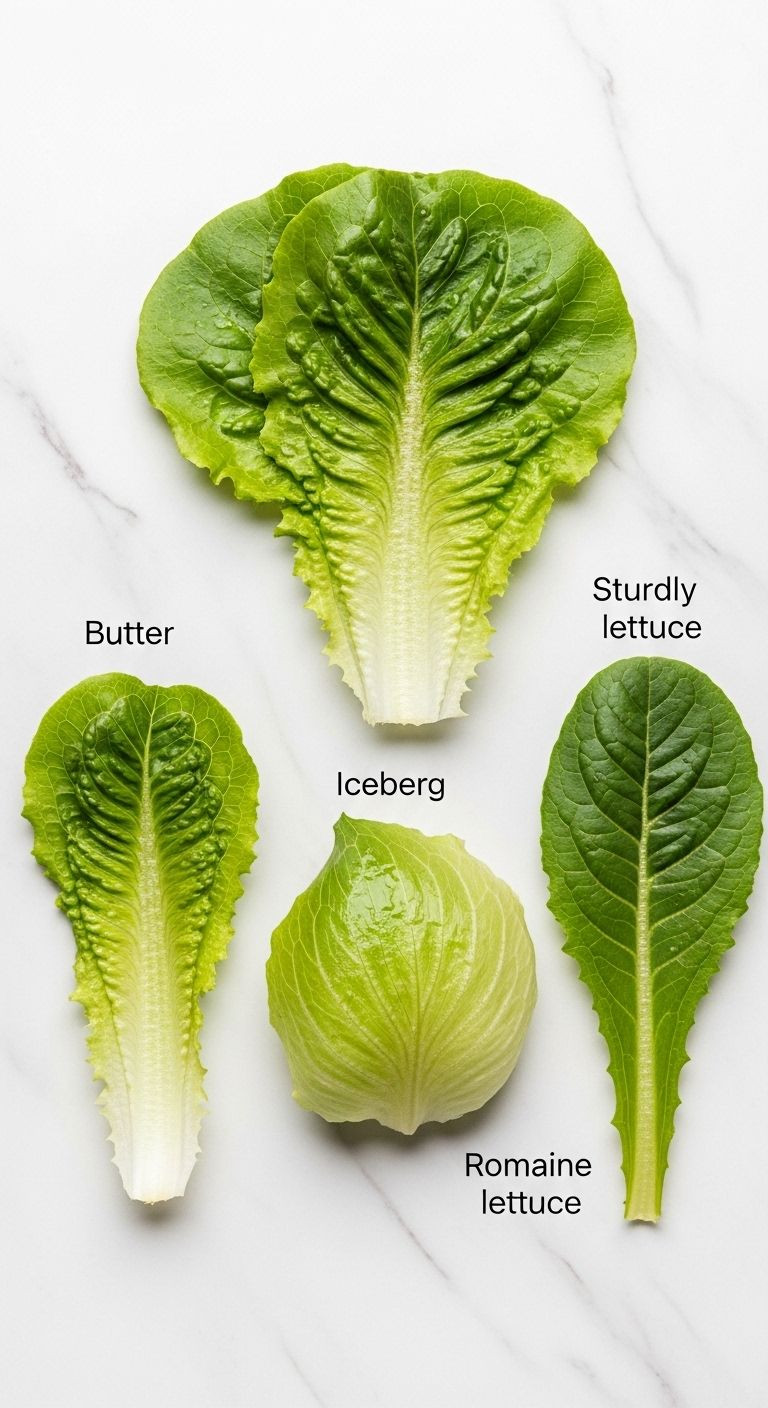 Flat Lay Of Butter, Iceberg, And Romaine Lettuce Leaves On White Marble Showing Shape And Texture Differences.