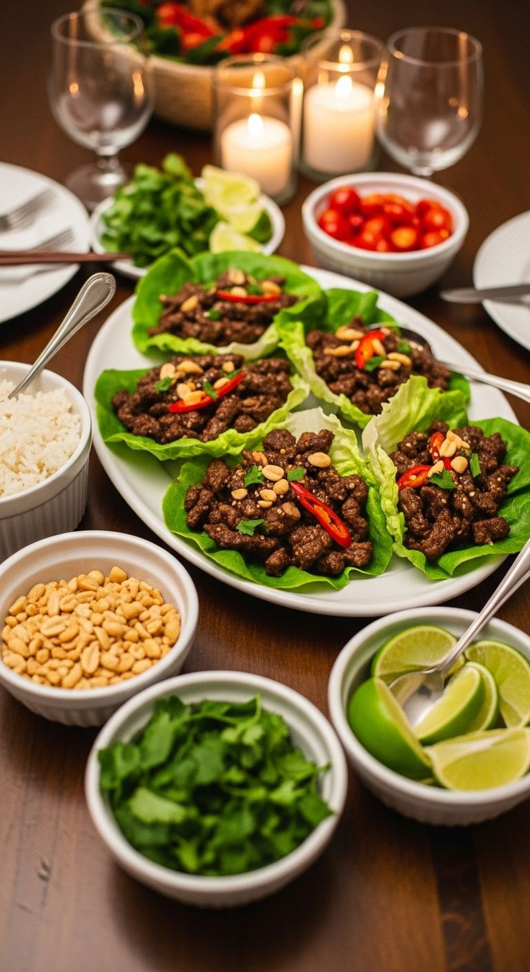 Dinner Table With Beef Lettuce Wraps Surrounded By Bowls Of Jasmine Rice, Peanuts, Cilantro, And Lime Wedges.