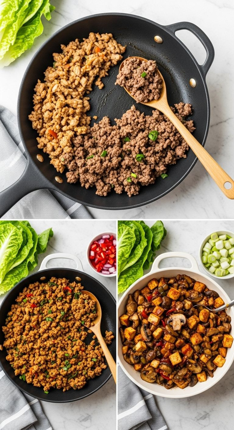 Triptych Showing Ground Chicken, Beef, And Vegetarian Fillings For Asian Lettuce Wraps Side By Side.