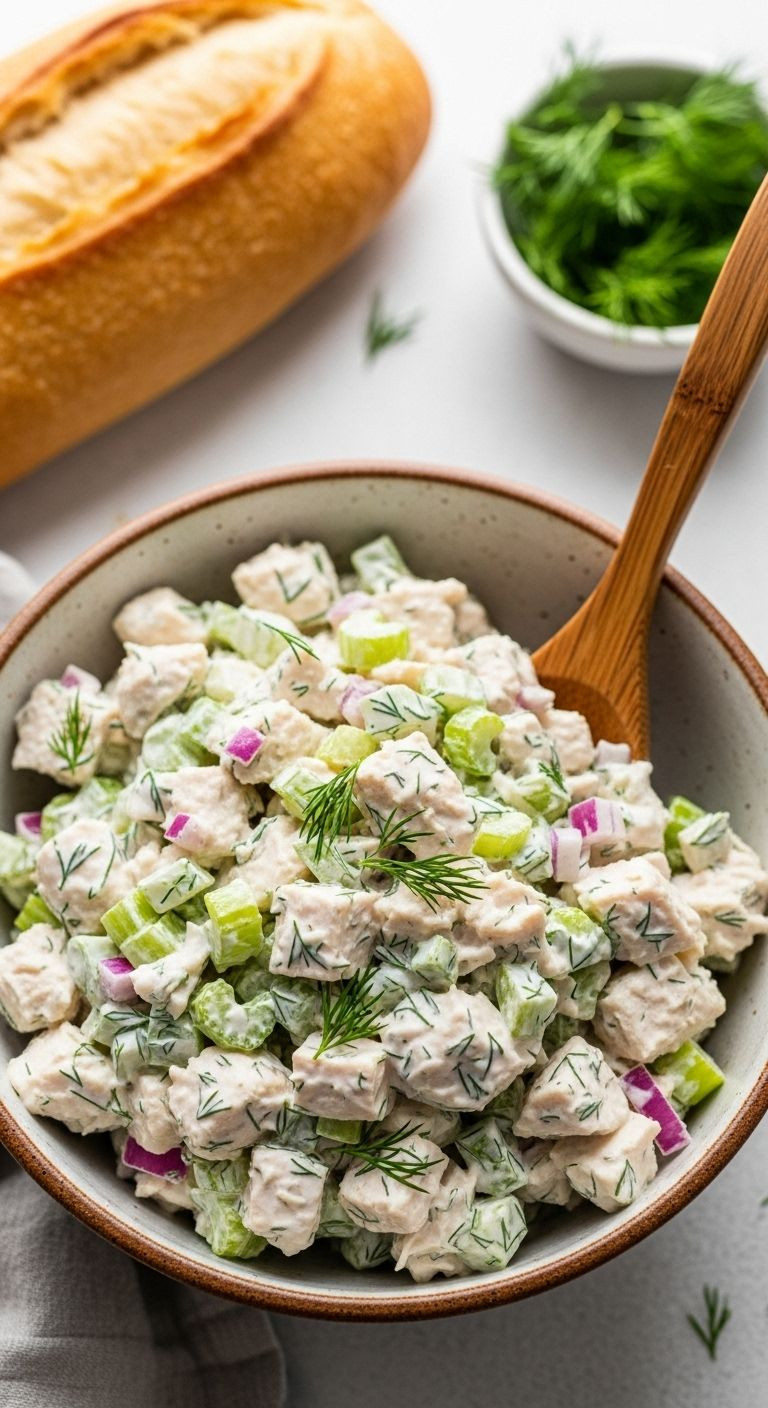 Classic Chicken Salad In Rustic Bowl With Dill, Celery, And Red Onion On Light Background