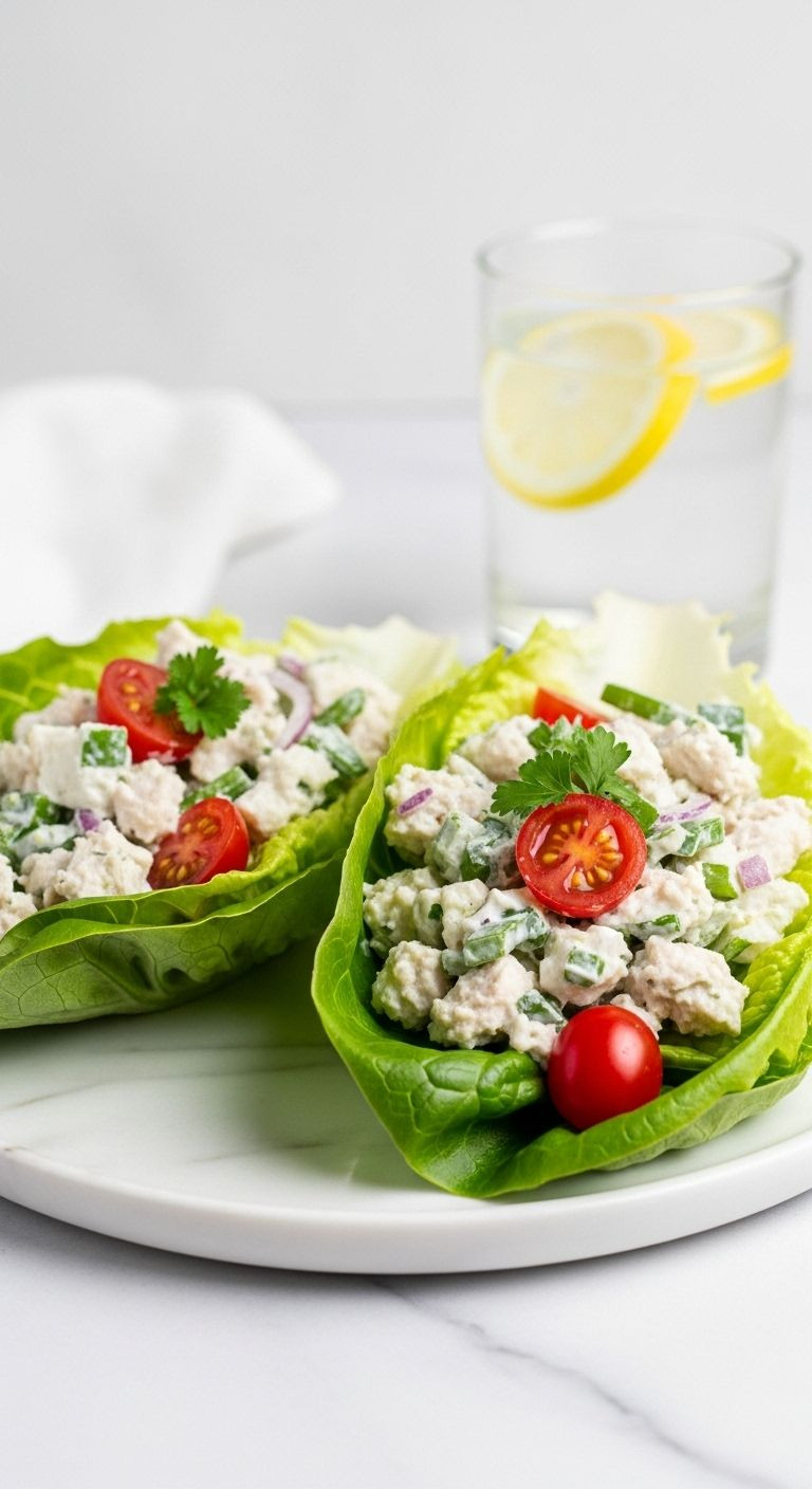 Greek Yogurt Chicken Salad In Lettuce Cups On White Marble Plate With Lemon Water In Background