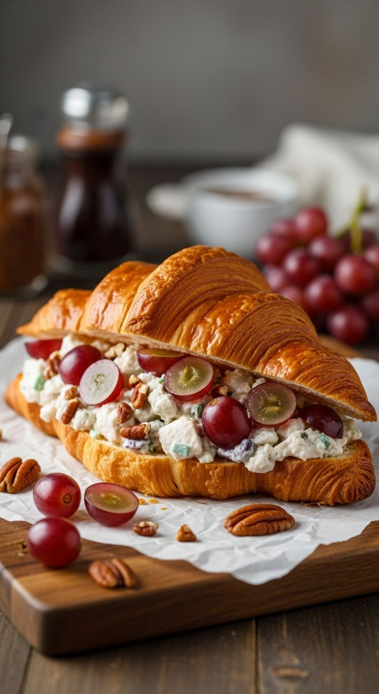 Chicken Salad Croissant Sandwich With Grapes And Pecans On Parchment-Covered Wooden Board