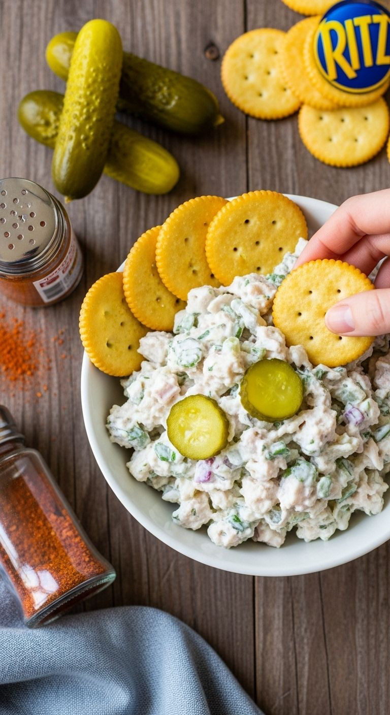 Southern Dill Pickle Chicken Salad With Crackers On Rustic Wooden Table With Pickles And Cayenne Pepper
