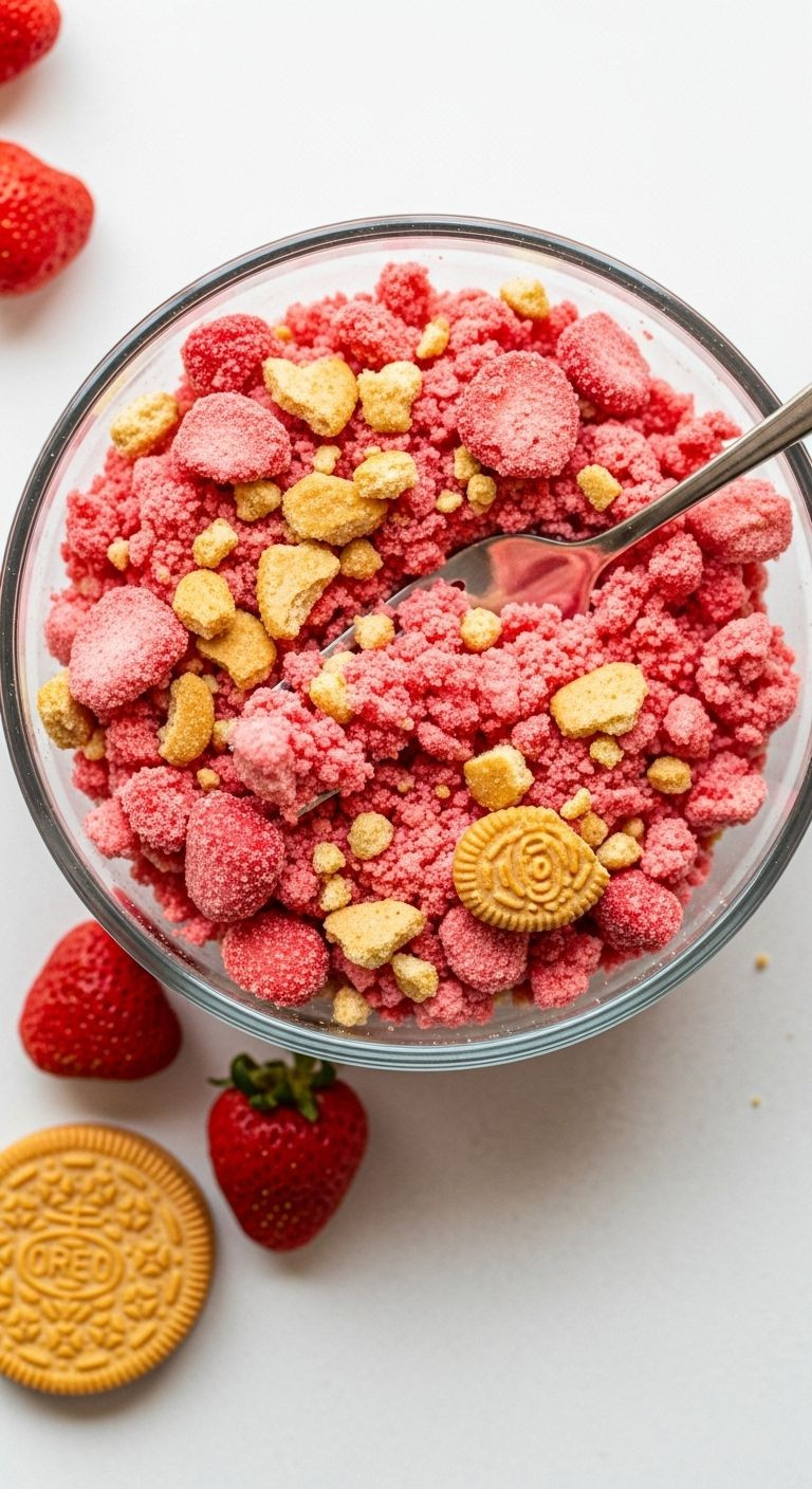 Strawberry Crunch Topping In Glass Bowl With Fork, Freeze-Dried Strawberries, And Golden Oreo On The Side