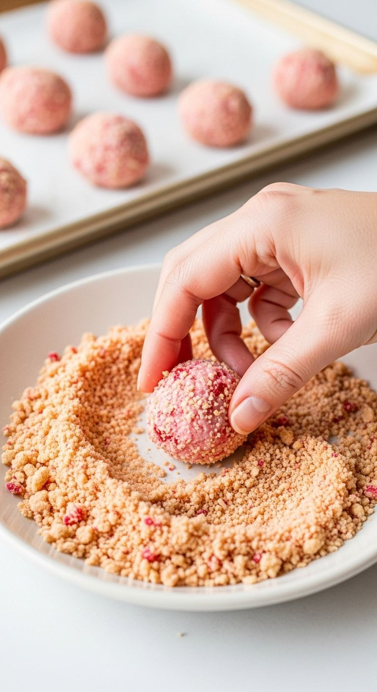 Hand Rolling Cheesecake Ball In Strawberry Crunch Topping With Finished Bites On Parchment Tray In Background