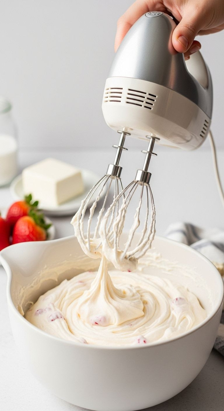 Hand Lifting Electric Mixer Whisk From Fluffy Strawberry Cheesecake Filling In White Bowl With Fresh Strawberries In Background