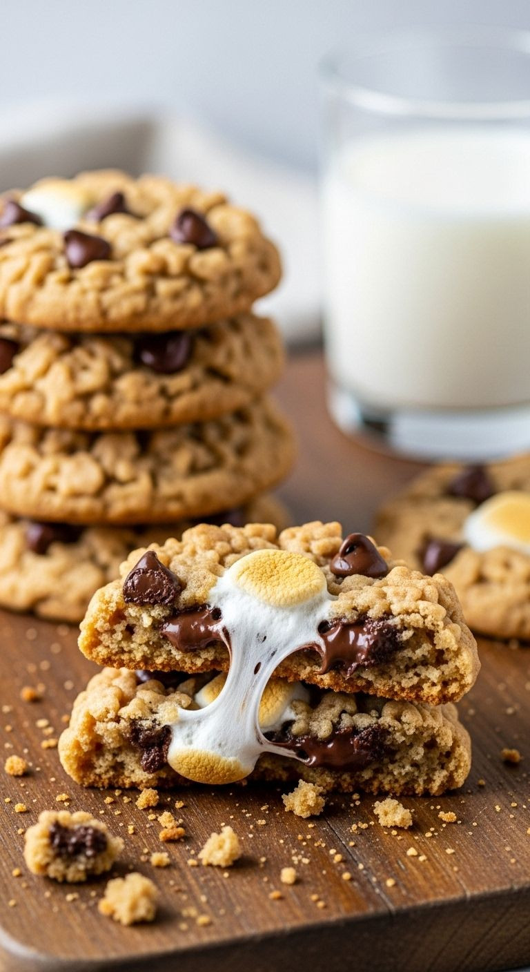 Stack Of Rice Krispie Chocolate Chip Cookies With Gooey Chocolate, Crispy Cereal, And Melted Marshmallow On Rustic Board