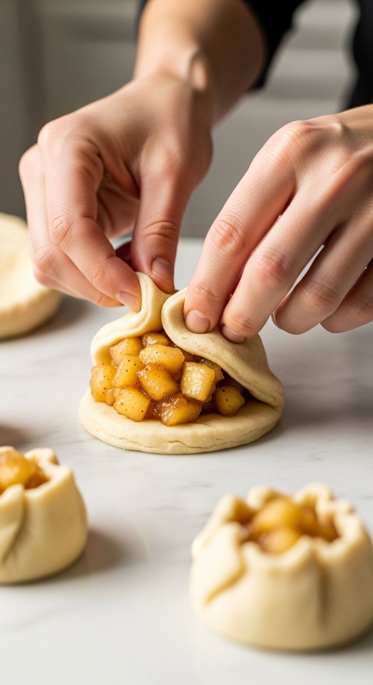 Hands Folding And Sealing Biscuit Dough Over Apple Pie Filling With Unbaked Pie Bombs In Background