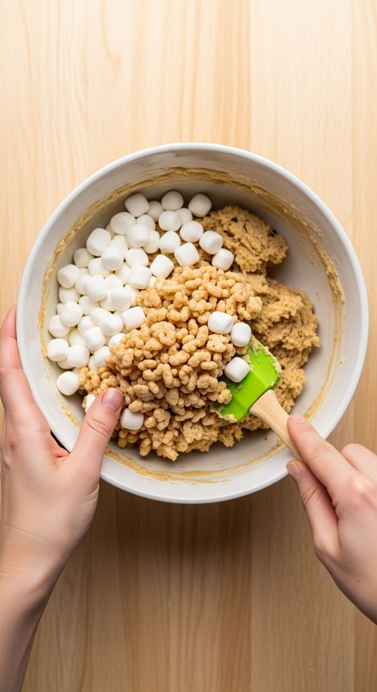 Hands Folding Mini Marshmallows And Crispy Rice Cereal Into Cookie Dough With Green Spatula In White Bowl