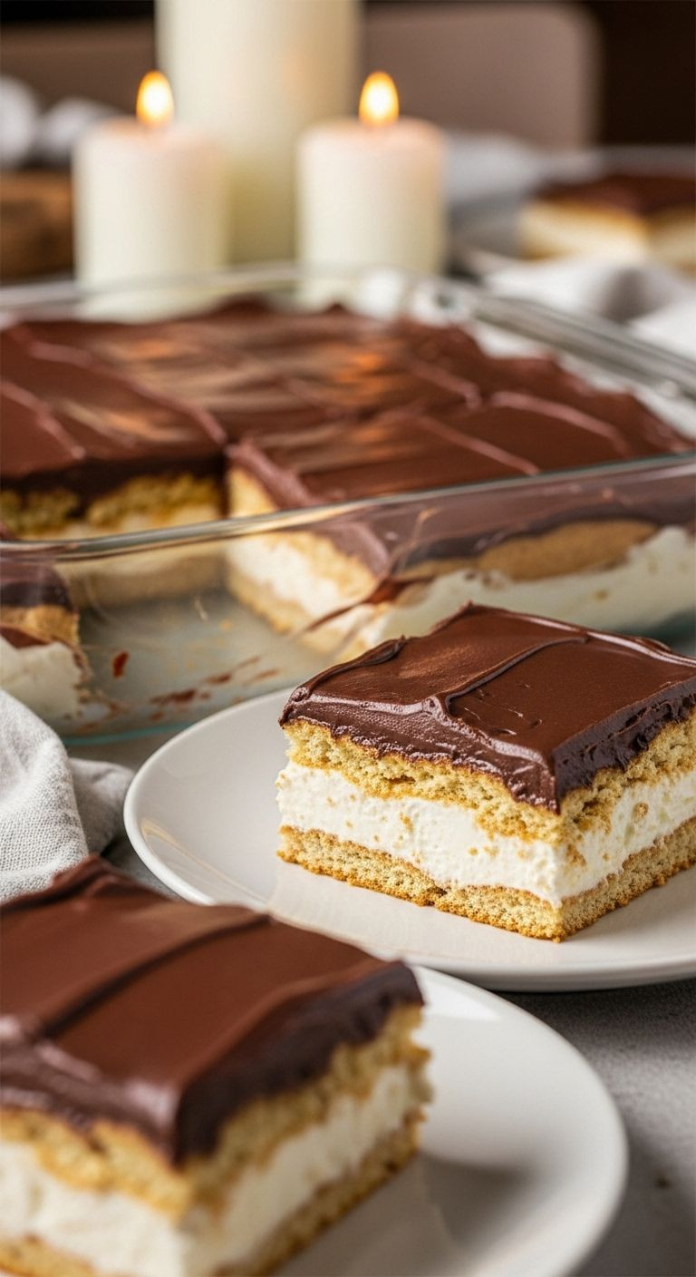 No-Bake Eclair Cake With Layers Of Graham Cracker, Vanilla Pudding, And Chocolate Frosting In Glass Dish