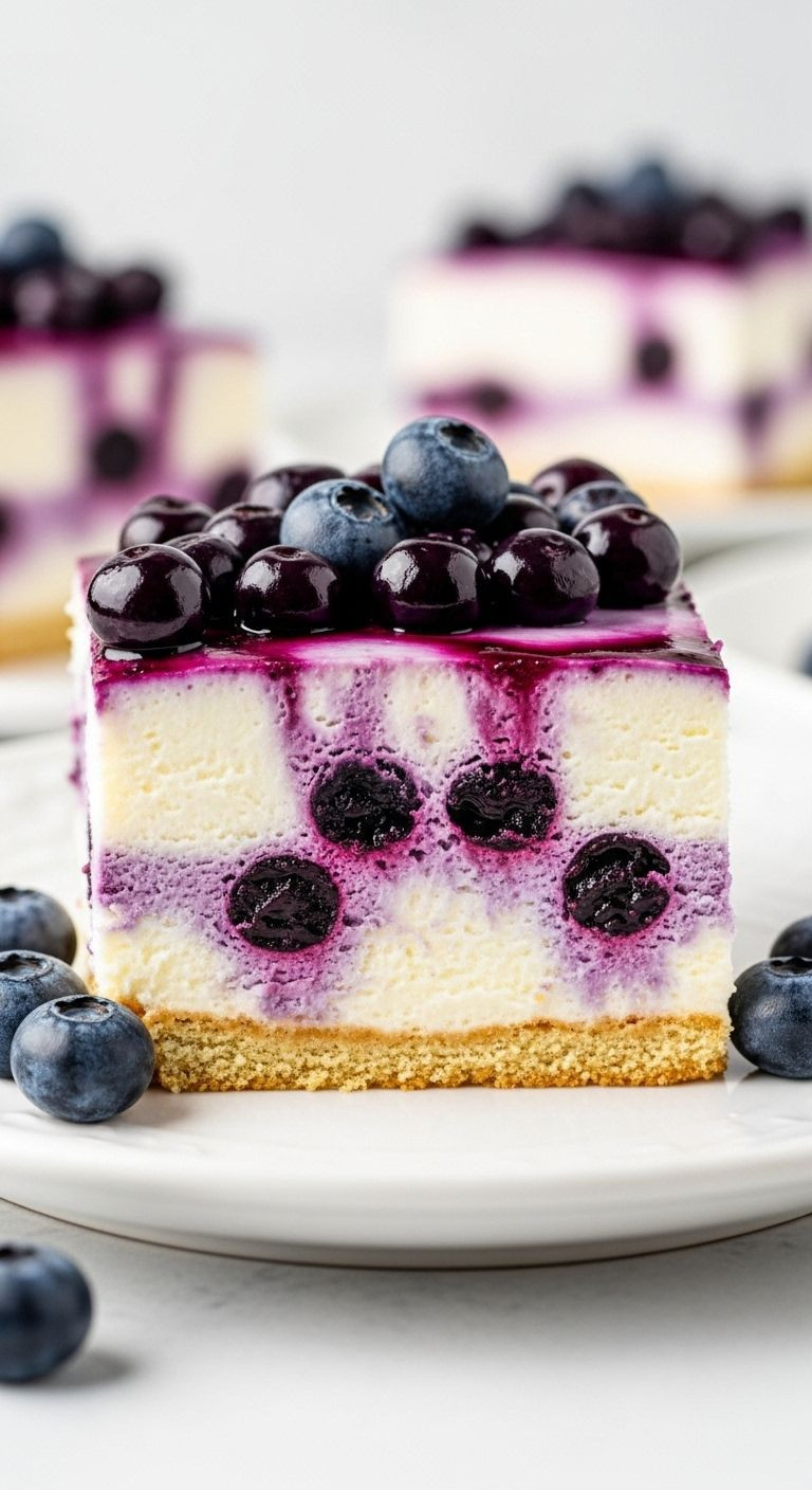 Blueberry Cheesecake Icebox Cake Slice With Graham Cracker Layers And Fresh Blueberries