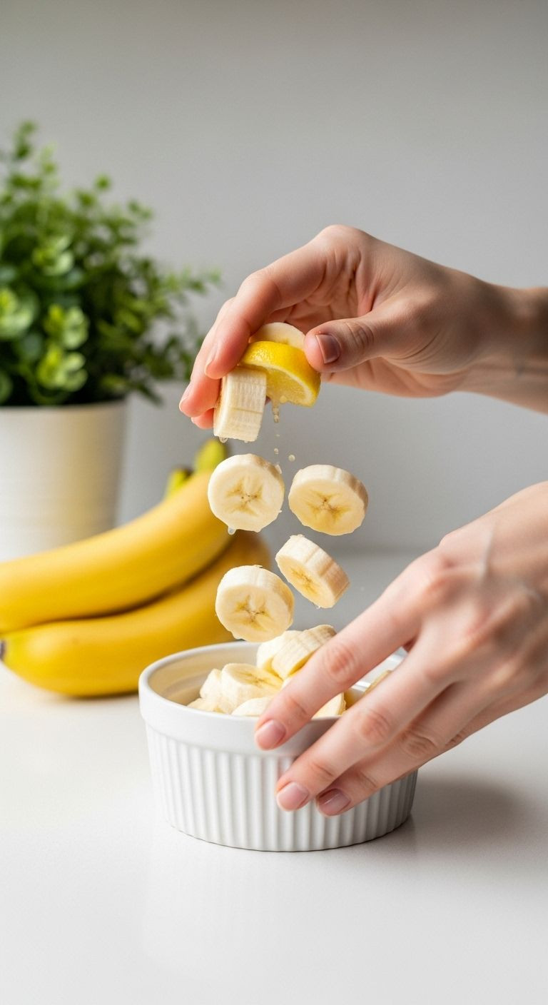Hands Tossing Fresh Banana Slices In White Bowl With Lemon Juice