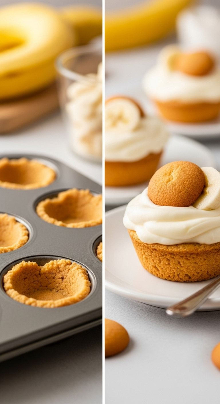 Mini Banana Cream Pies With Golden Nilla Wafer Crust In Muffin Tin And Dessert Plate