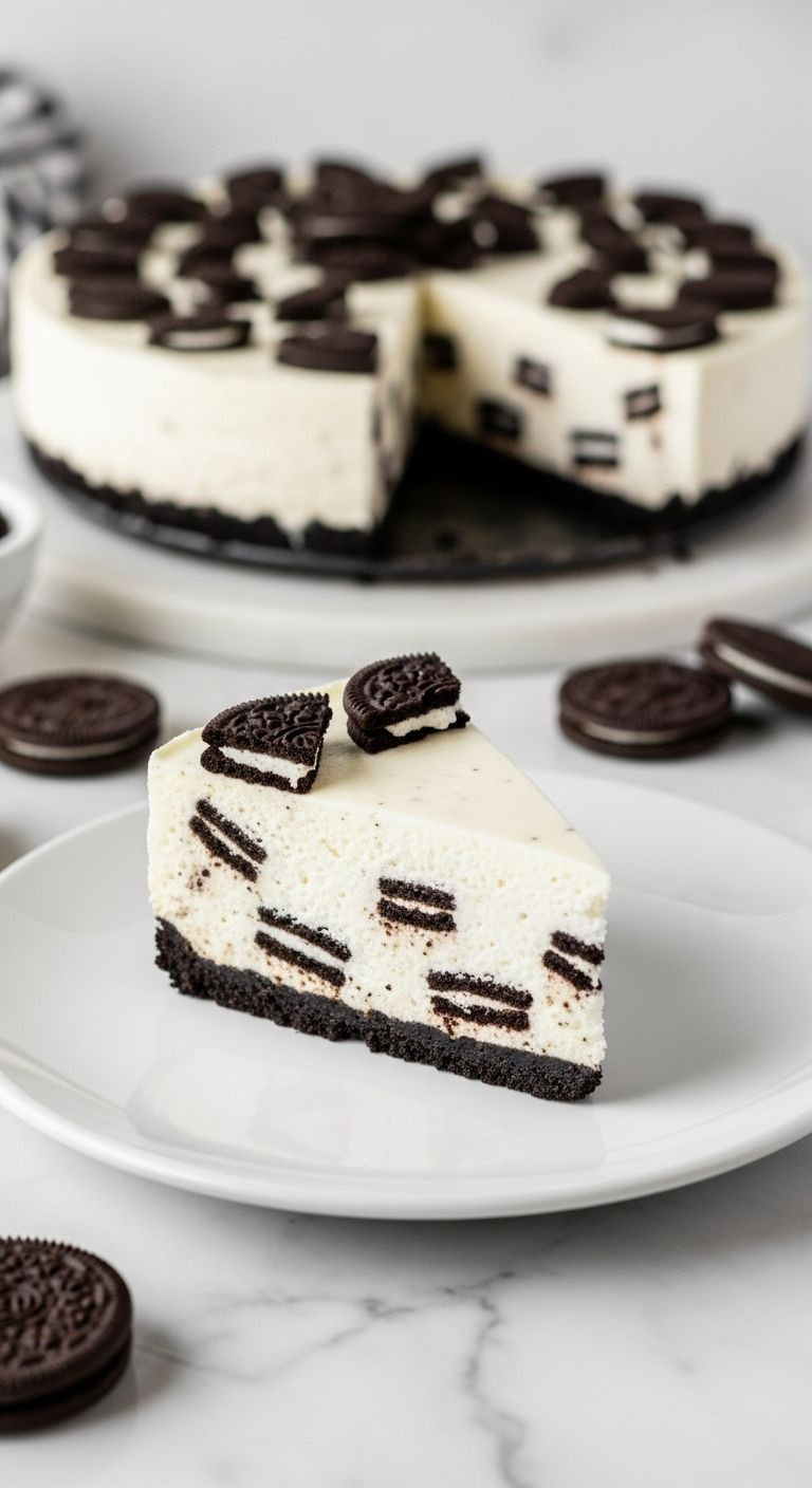 Slice Of Oreo Cheesecake With Creamy Filling And Oreo Crust On White Plate
