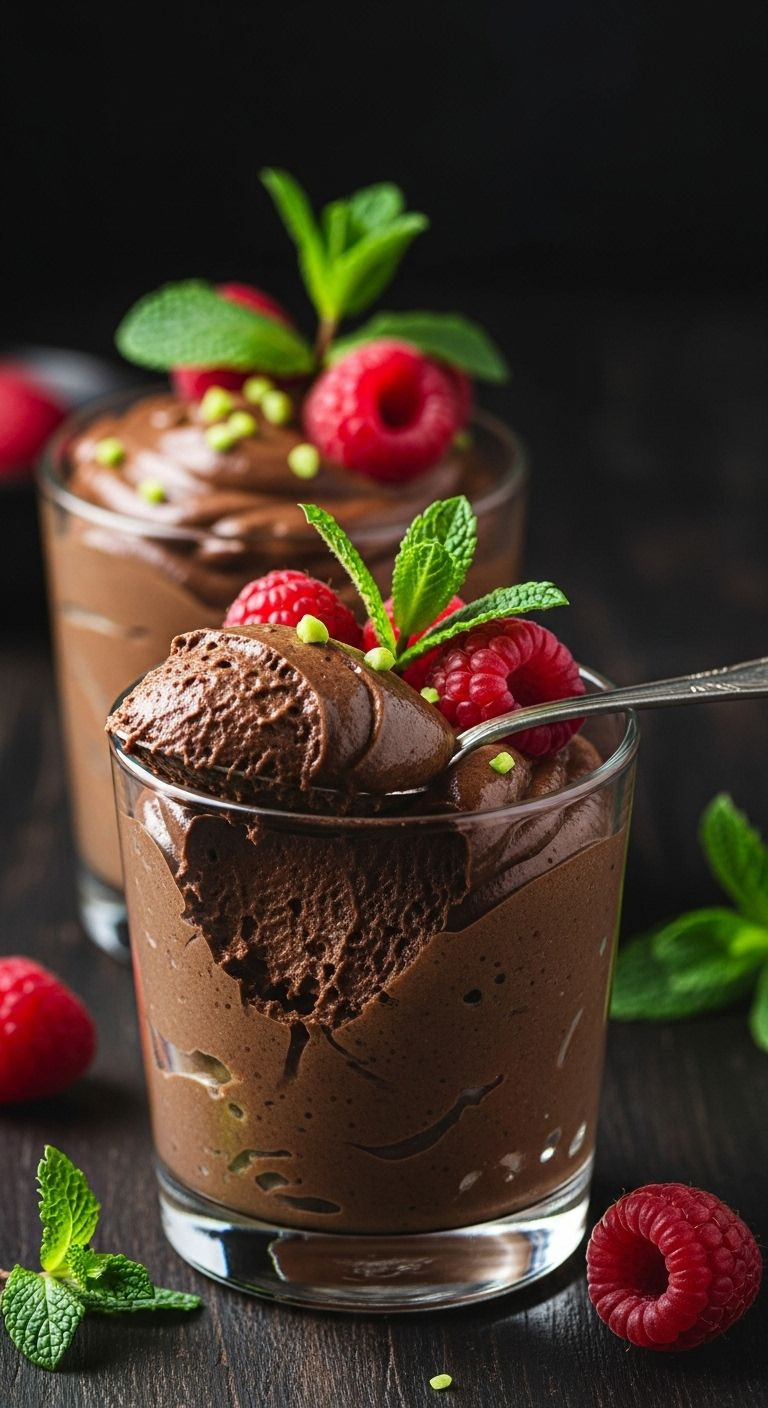 Dark Chocolate Avocado Mousse In Glass Cups Garnished With Raspberries And Mint