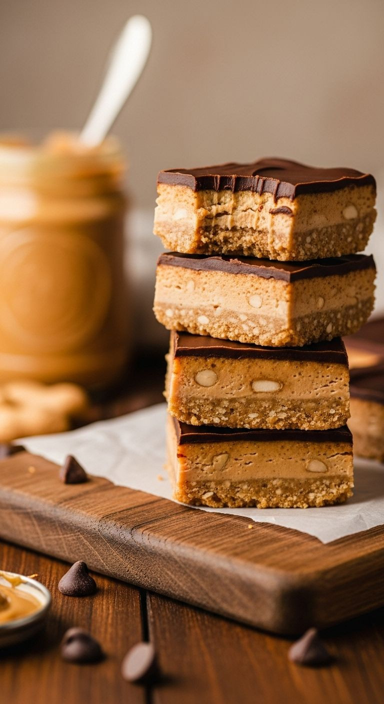 Stack Of No-Bake Peanut Butter Bars With Glossy Chocolate Top On Wooden Board