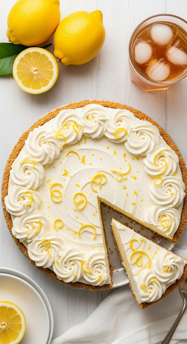 Top-Down Lemon Icebox Pie With Whipped Cream And Lemon Zest Slice Removed