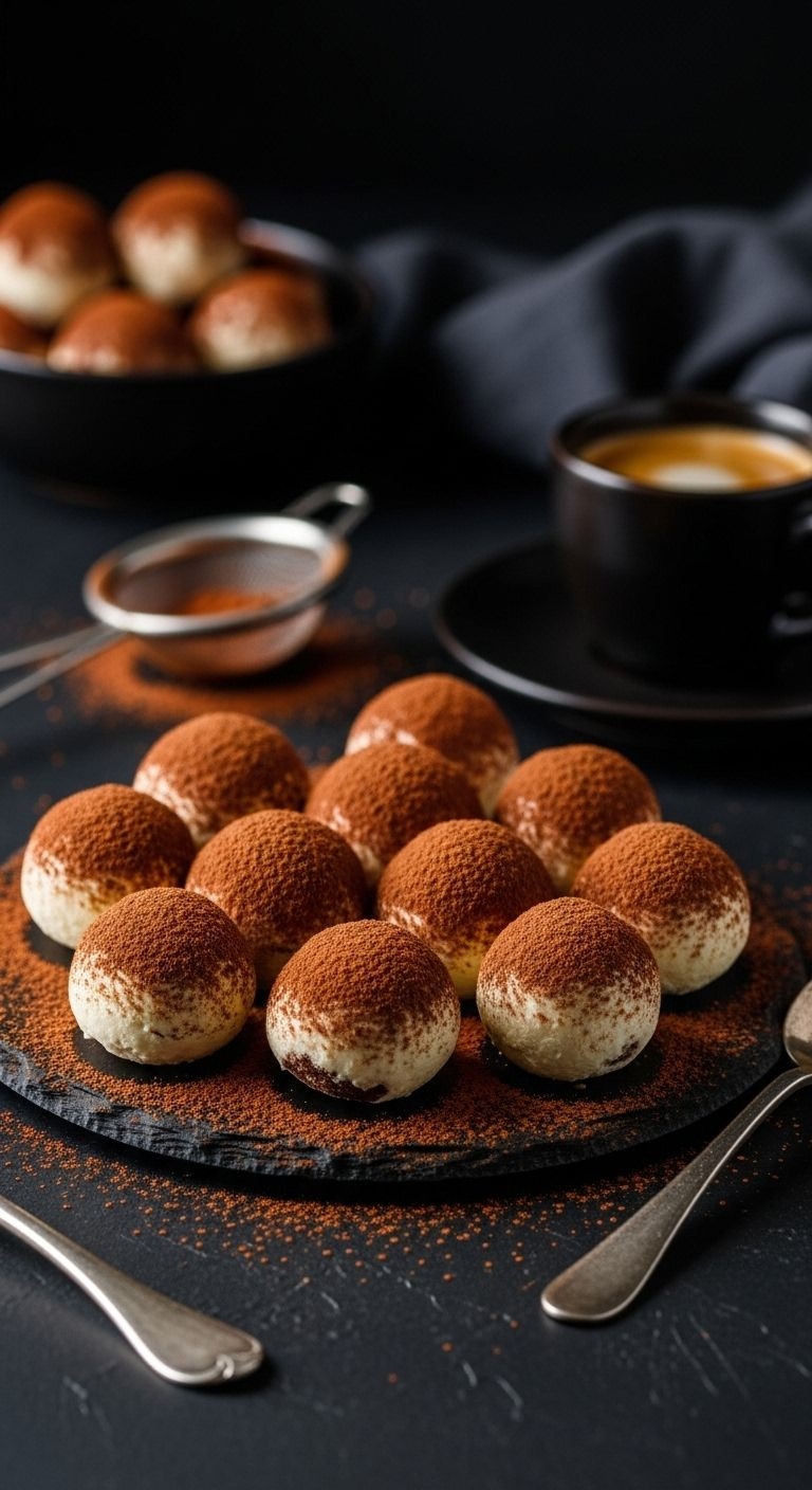 Elegant Tiramisu Truffles Dusted With Cocoa Powder On Black Slate Platter