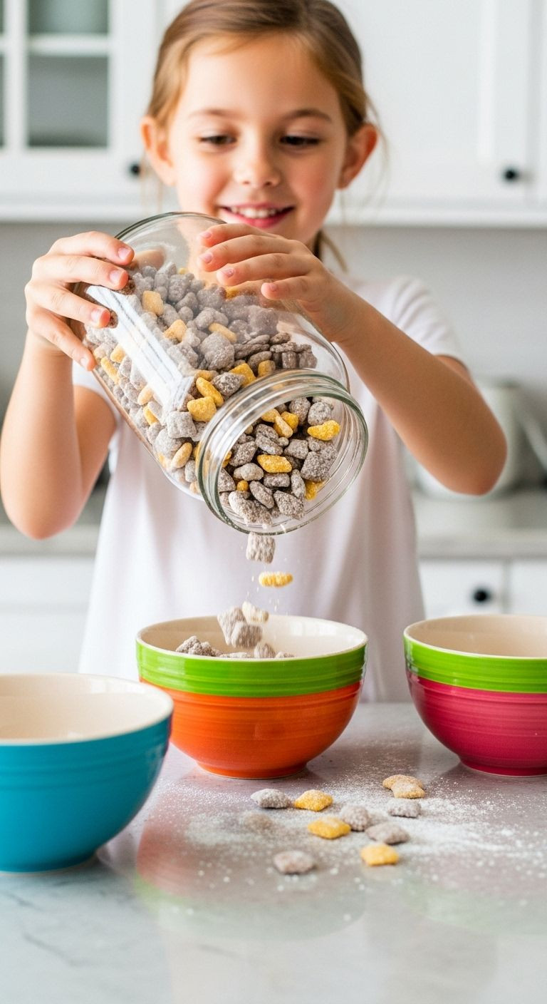 Child Pouring Puppy Chow Snack From Glass Jar Into Colorful Bowl On Kitchen Counter