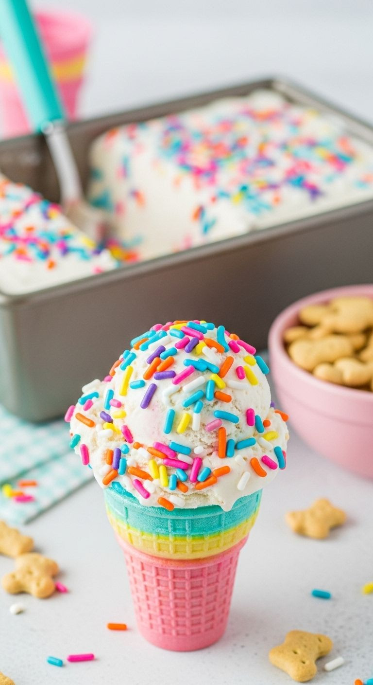 Close-Up Of Dunkaroos Ice Cream Scoop With Rainbow Sprinkles In Colorful Cone