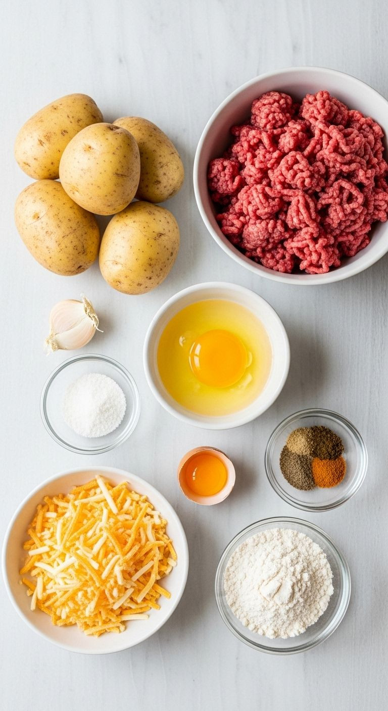 Ingredients For Beef Stuffed Potato Cakes Including Potatoes, Ground Beef, Cheese, Egg, Flour, And Spices On Light Surface