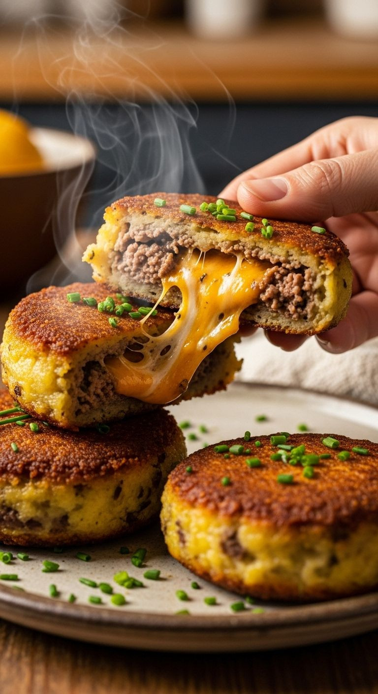 Crispy Cheesy Beef Stuffed Potato Cake Cut In Half With Melted Cheese Pull And Chive Garnish