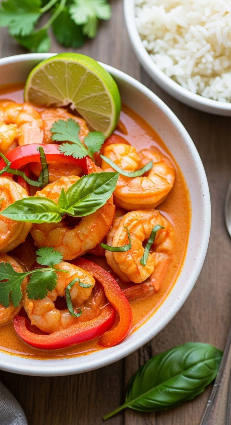 Thai Coconut Curry Shrimp In Ceramic Bowl With Red Curry Sauce, Cilantro, And Lime Wedge