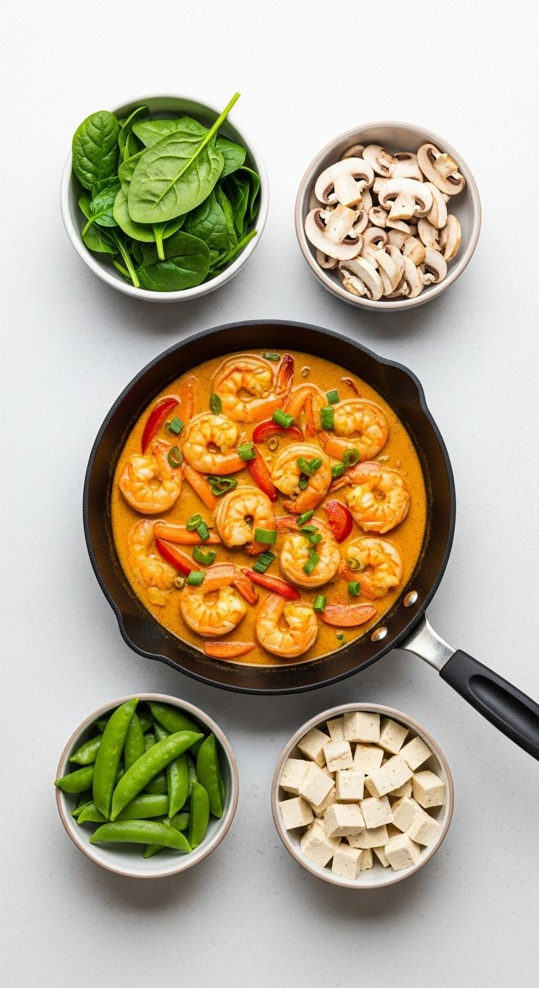 Overhead View Of Coconut Curry Shrimp In Skillet Surrounded By Bowls Of Fresh Vegetable Add-Ins And Tofu