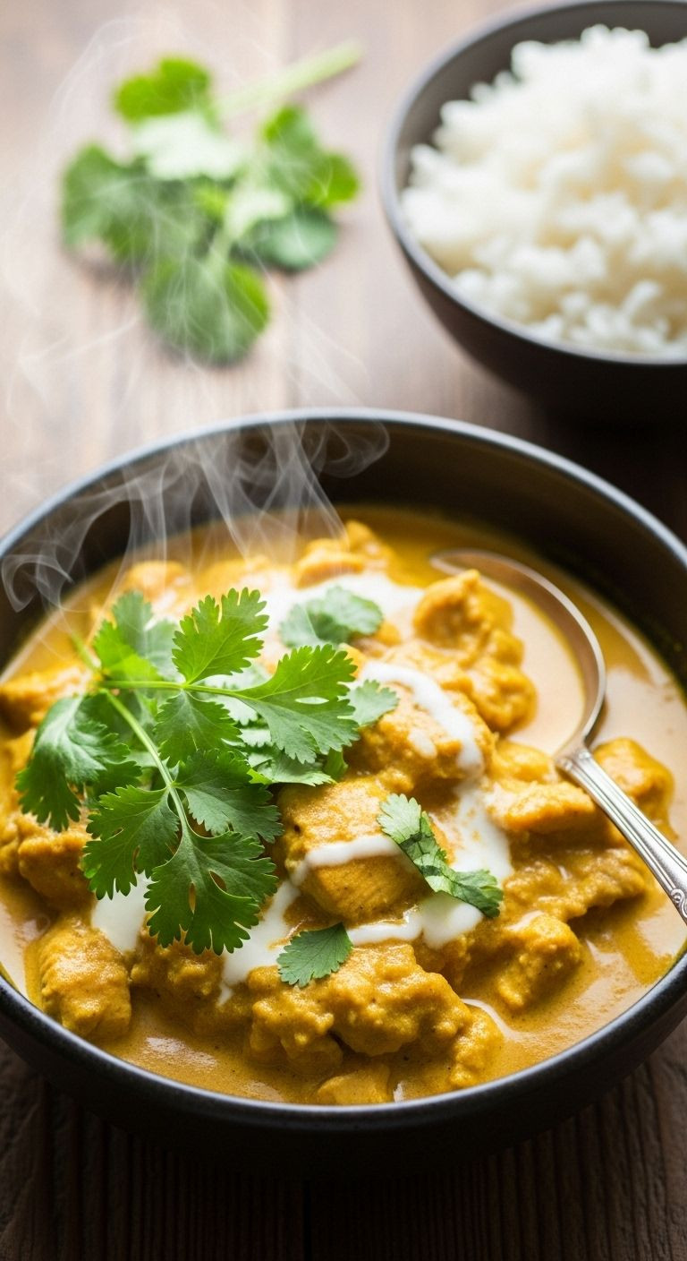 Coconut Chicken Curry In Dark Bowl With Cilantro Garnish And Spoon On Rustic Wooden Surface