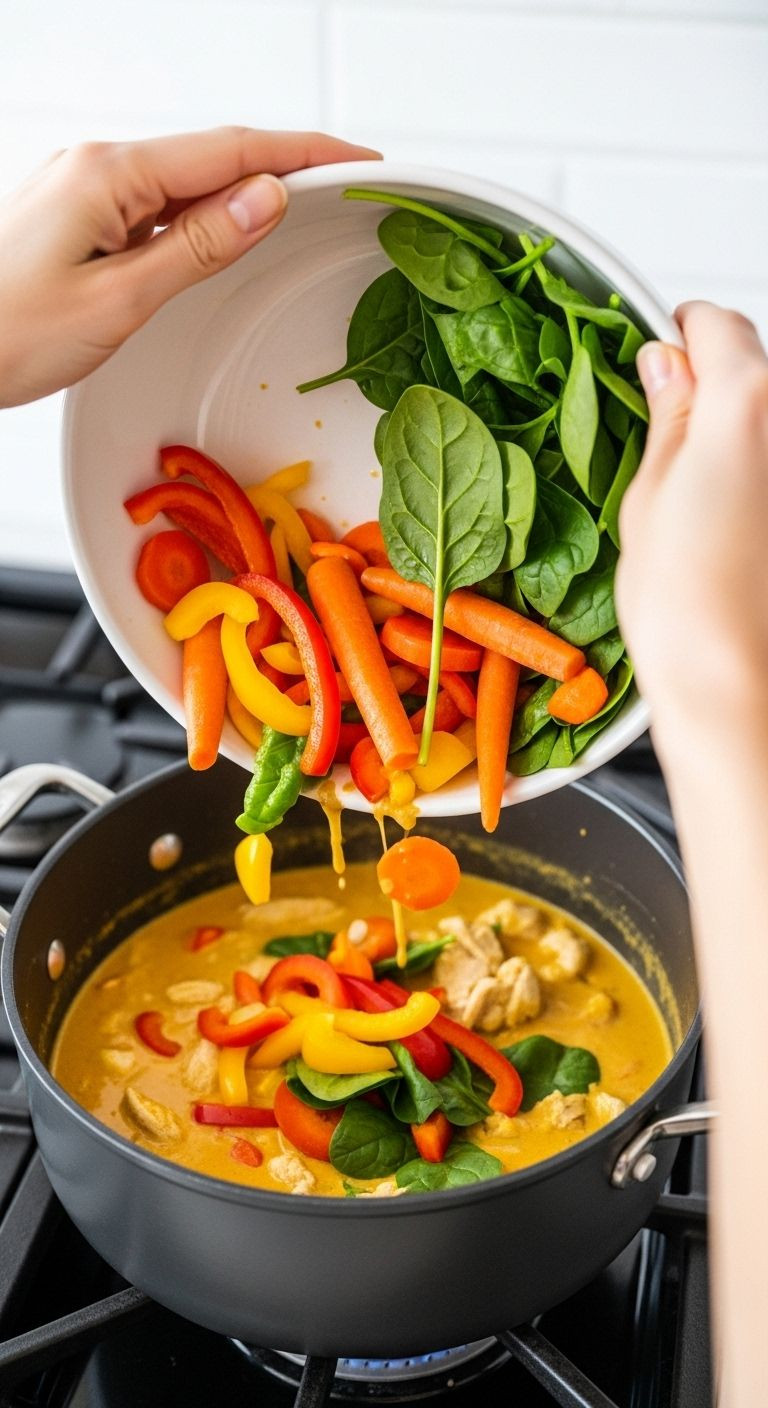 Hands Adding Colorful Chopped Vegetables Into Simmering Coconut Chicken Curry In Pot On Stove