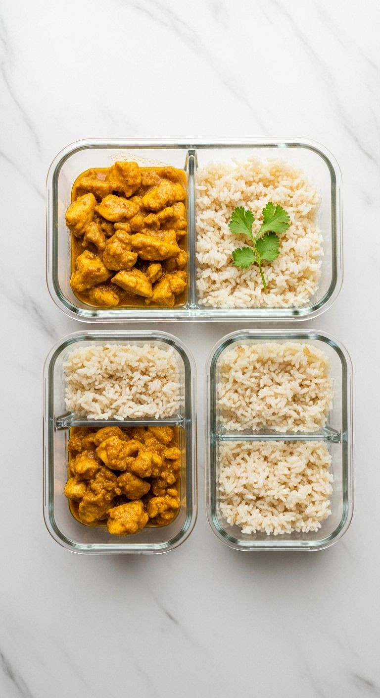 Meal Prep Containers With Coconut Chicken Curry And Jasmine Rice On White Marble Countertop