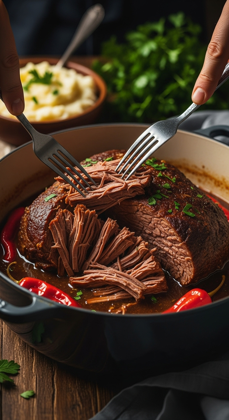 Fall-Apart Tender Mississippi Pot Roast Being Shredded By Forks In A Rustic Dutch Oven, With Pepperoncini And Gravy.