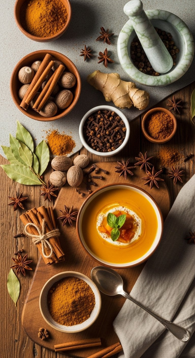 Fall Spices Like Cinnamon, Nutmeg, Ginger, Cloves, Star Anise Next To Butternut Squash Soup. Cozy Autumn Flavor For Recipes.