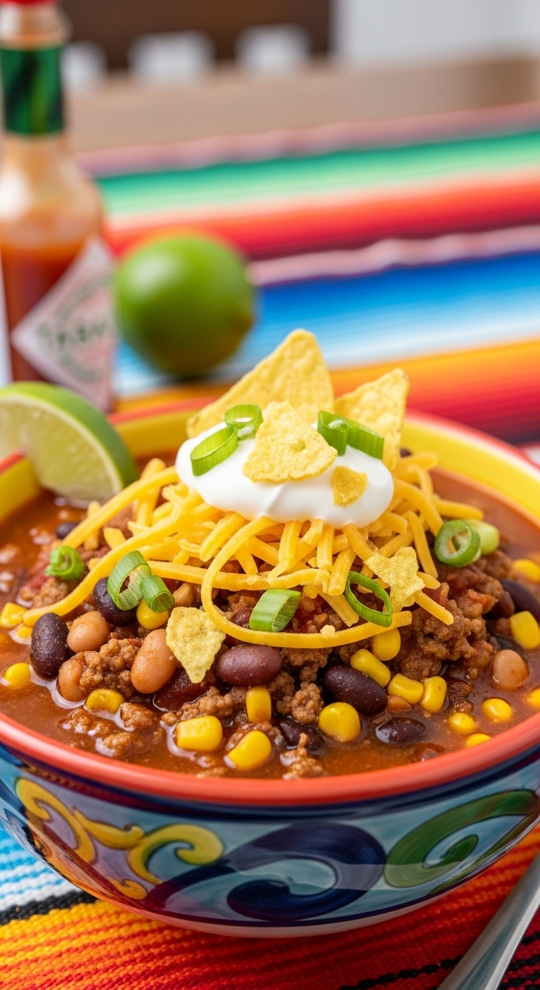 Family Favorite Slow Cooker Taco Soup With Ground Beef Beans Corn Cheese Sour Cream Green Onions Tortilla Chips In Festive Bowl