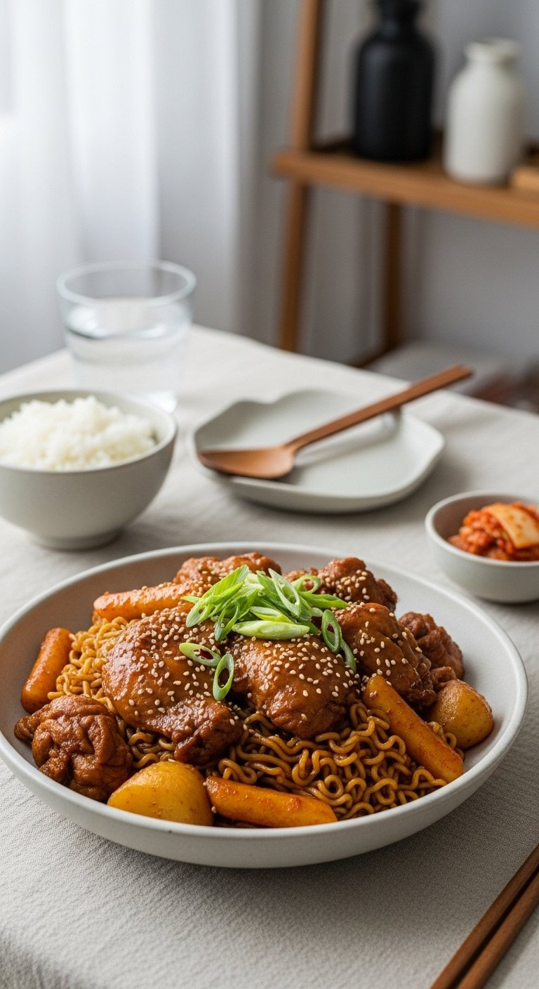 Family-Style Bowl Of Glossy Jjimdak Filled With Chicken, Vegetables, And Noodles Garnished With Green Onions.