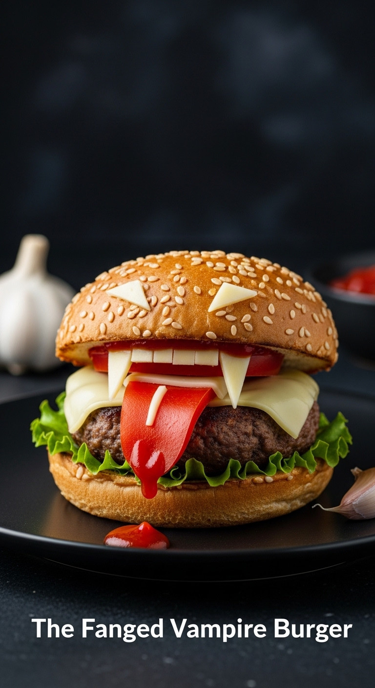 Fanged Vampire Burger With Sharp White Cheddar Fangs Red Bell Pepper Tongue And Ketchup Blood On A Black Plate With Garlic