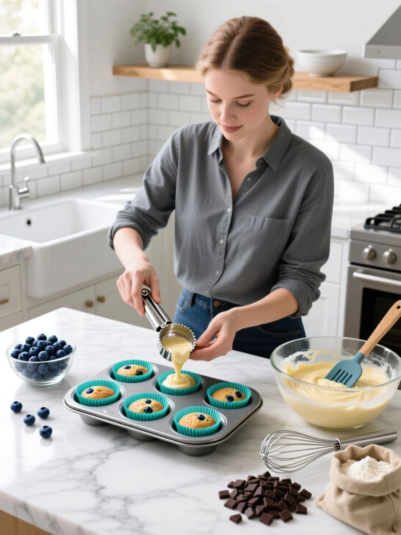 Split-Screen Photo Showing Raw Batter Poured On One Side, And The Pan Fresh Out Of The Oven With A Digital Thermometer Measuring Surface Temperature