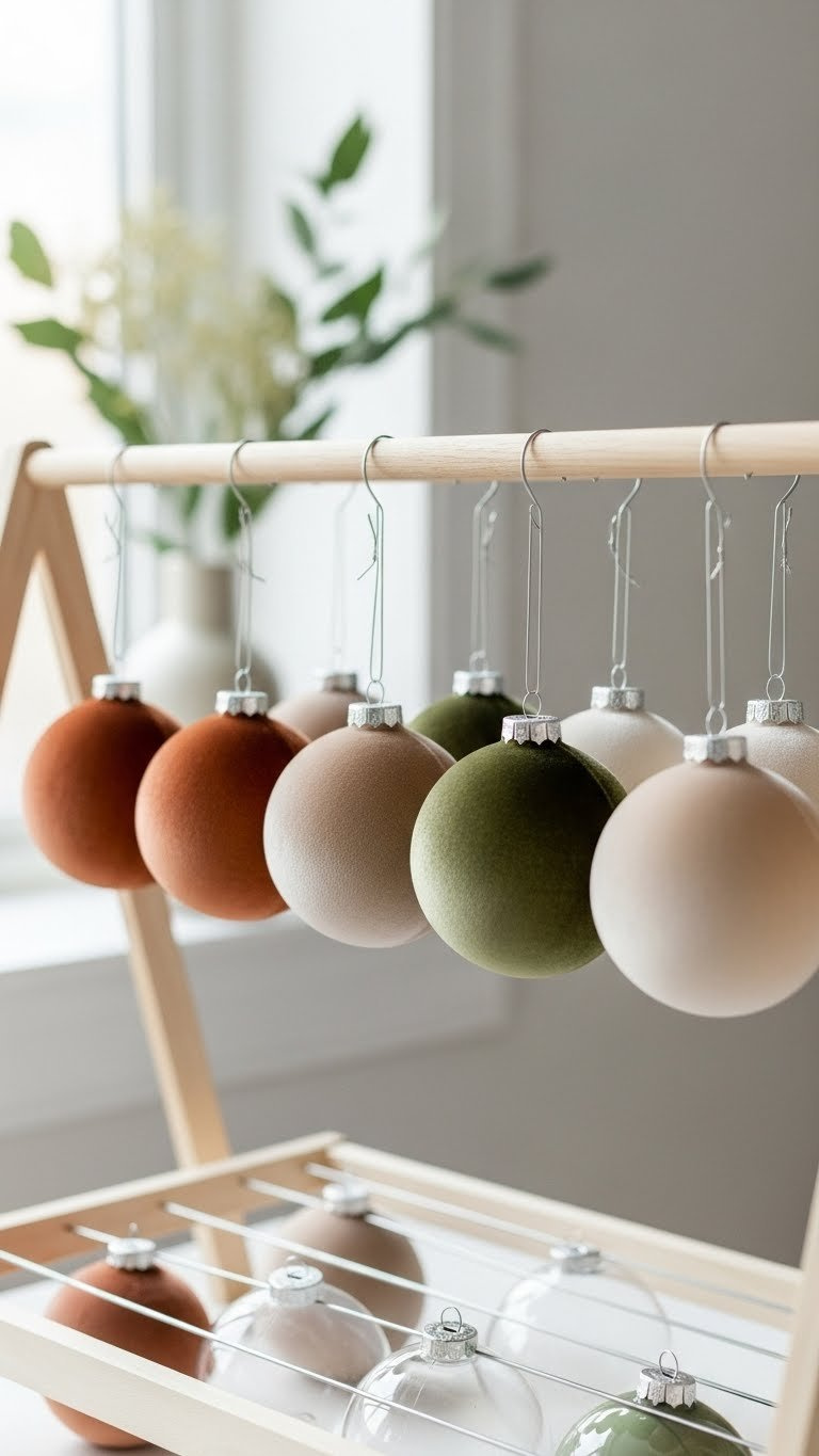 Faux Velvet Christmas Ornaments In Earthy Tones Hanging On Minimalist Drying Rack With Soft Window Lighting