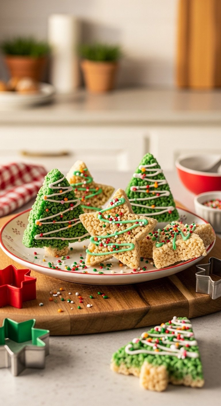 Festive Christmas Rice Krispie Treats Shaped Like Green Trees And Stars, Decorated With Sprinkles On A Wooden Serving Board.