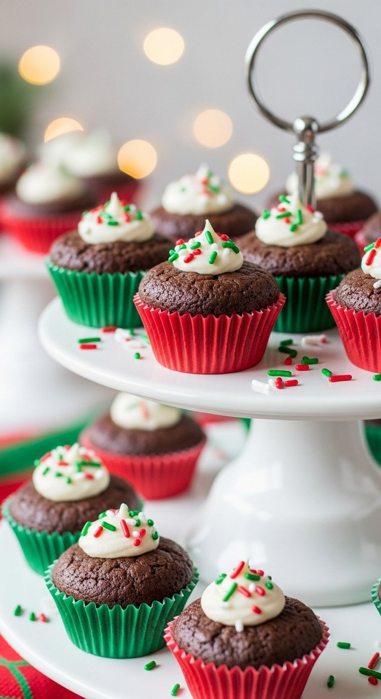 Festive Christmas Brownie Bites In Colorful Liners With Frosting And Sprinkles On A White Tiered Dessert Stand.