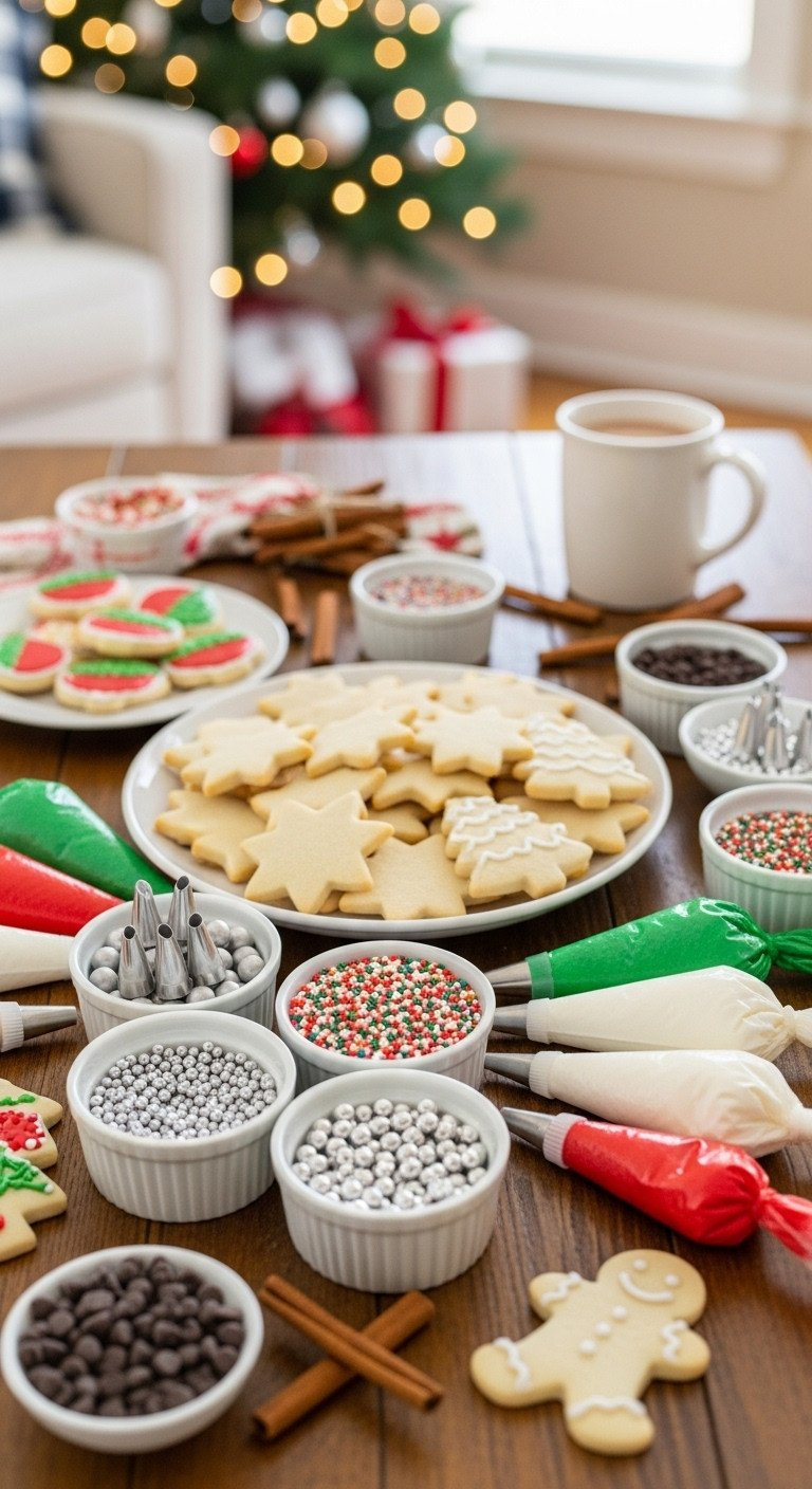 Festive Christmas Cookie Decorating Station On A Rustic Wood Table With Sugar Cookies, Colorful Sprinkles, And Royal Icing.