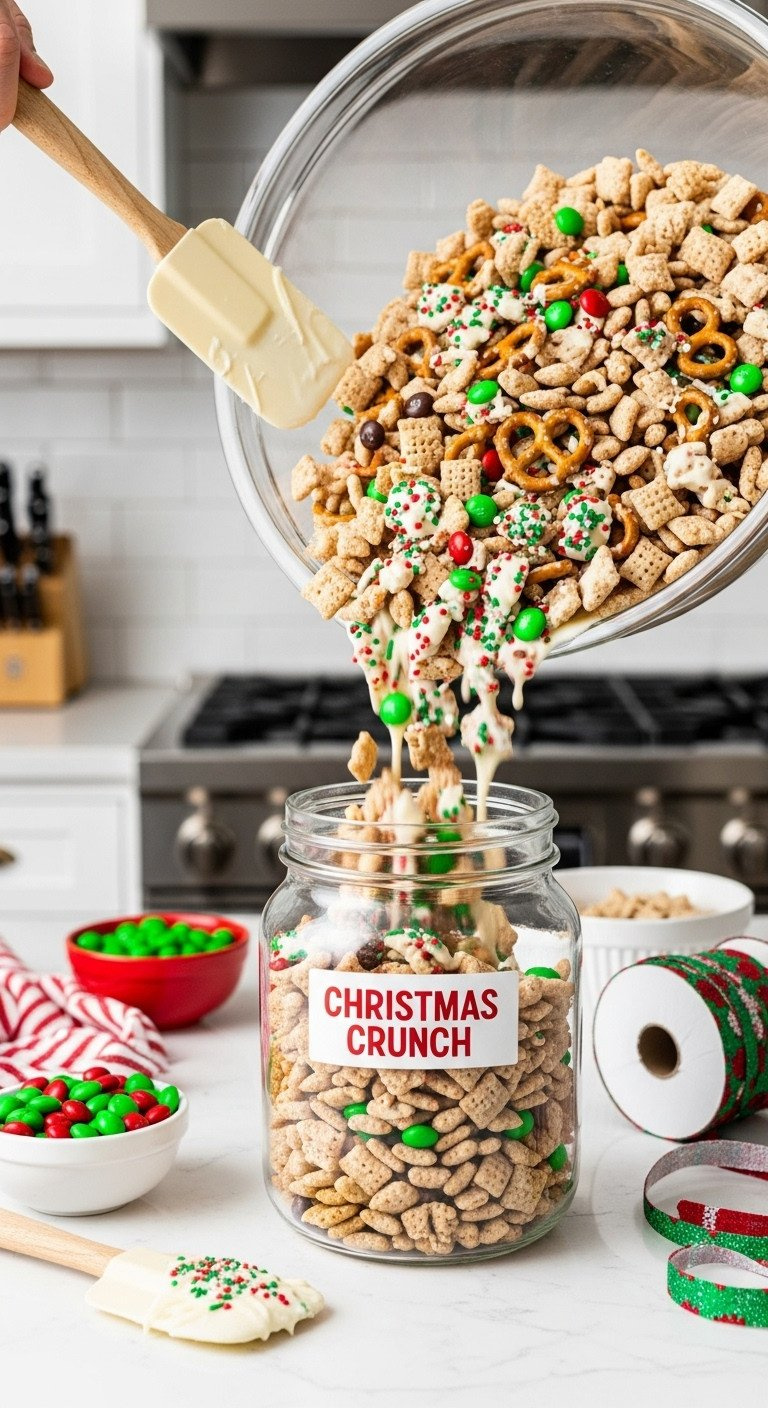 Festive Christmas Crunch Snack Mix With Chex, Pretzels, And M&Amp;Ms Being Poured From A Bowl Into A Glass Gift Jar.