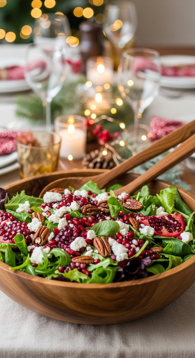 Festive Christmas Salad In A Rustic Wooden Bowl With Mixed Greens, Pomegranate, Candied Pecans, And Feta Cheese.