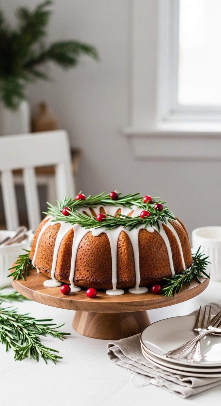 Festive Christmas Wreath Bundt Cake With White Glaze, Rosemary, And Cranberries On A Wooden Stand, Holiday Decor.